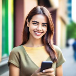 A beautiful girl holding a smartphone, endorsing a website