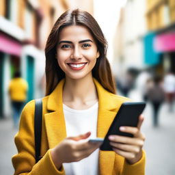 A beautiful girl holding a smartphone, endorsing a website