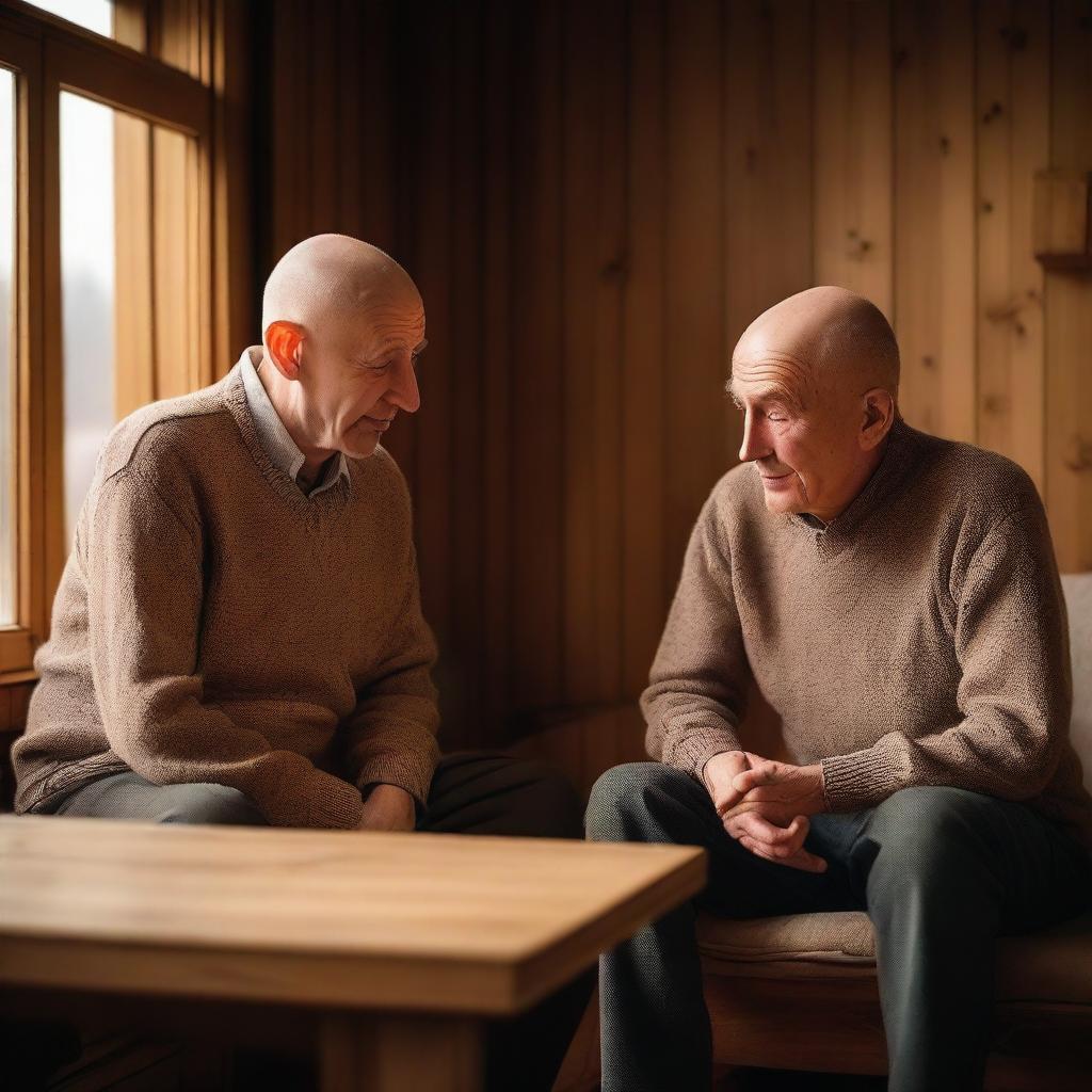 A detailed and intimate scene of an elderly bald man and a young man engaged in a deep conversation in the living room of a wooden house