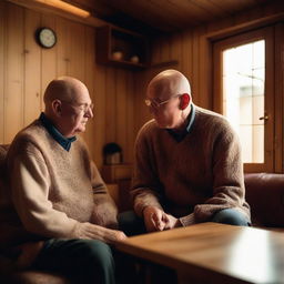 A detailed and intimate scene of an elderly bald man and a young man engaged in a deep conversation in the living room of a wooden house