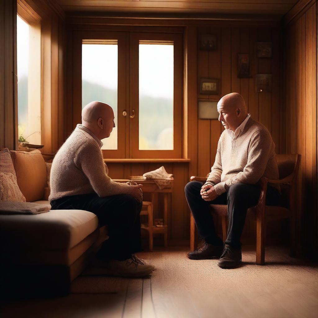 A detailed and intimate scene of an elderly bald man and a young man engaged in a deep conversation in the living room of a wooden house