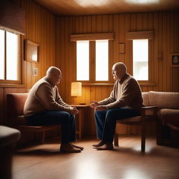 A detailed and intimate scene of an elderly bald man and a young man engaged in a deep conversation in the living room of a wooden house