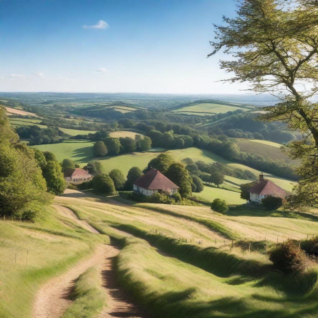 A picturesque landscape of the Surrey Hills in England, featuring rolling green hills, lush forests, and a clear blue sky