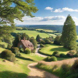 A picturesque landscape of the Surrey Hills in England, featuring rolling green hills, lush forests, and a clear blue sky