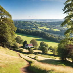 A picturesque landscape of the Surrey Hills in England, featuring rolling green hills, lush forests, and a clear blue sky