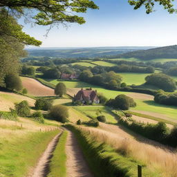 A picturesque landscape of the Surrey Hills in England, featuring rolling green hills, lush forests, and a clear blue sky