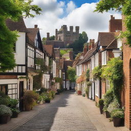 A picturesque view of Guildford, a historic town in England, featuring its iconic castle, cobbled streets, and lush green landscapes