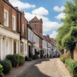 A picturesque view of Guildford, a historic town in England, featuring its iconic castle, cobbled streets, and lush green landscapes