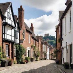 A picturesque view of Guildford, a historic town in England, featuring its iconic castle, cobbled streets, and lush green landscapes