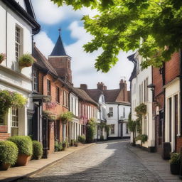 A picturesque view of Guildford, a historic town in England, featuring its iconic castle, cobbled streets, and lush green landscapes