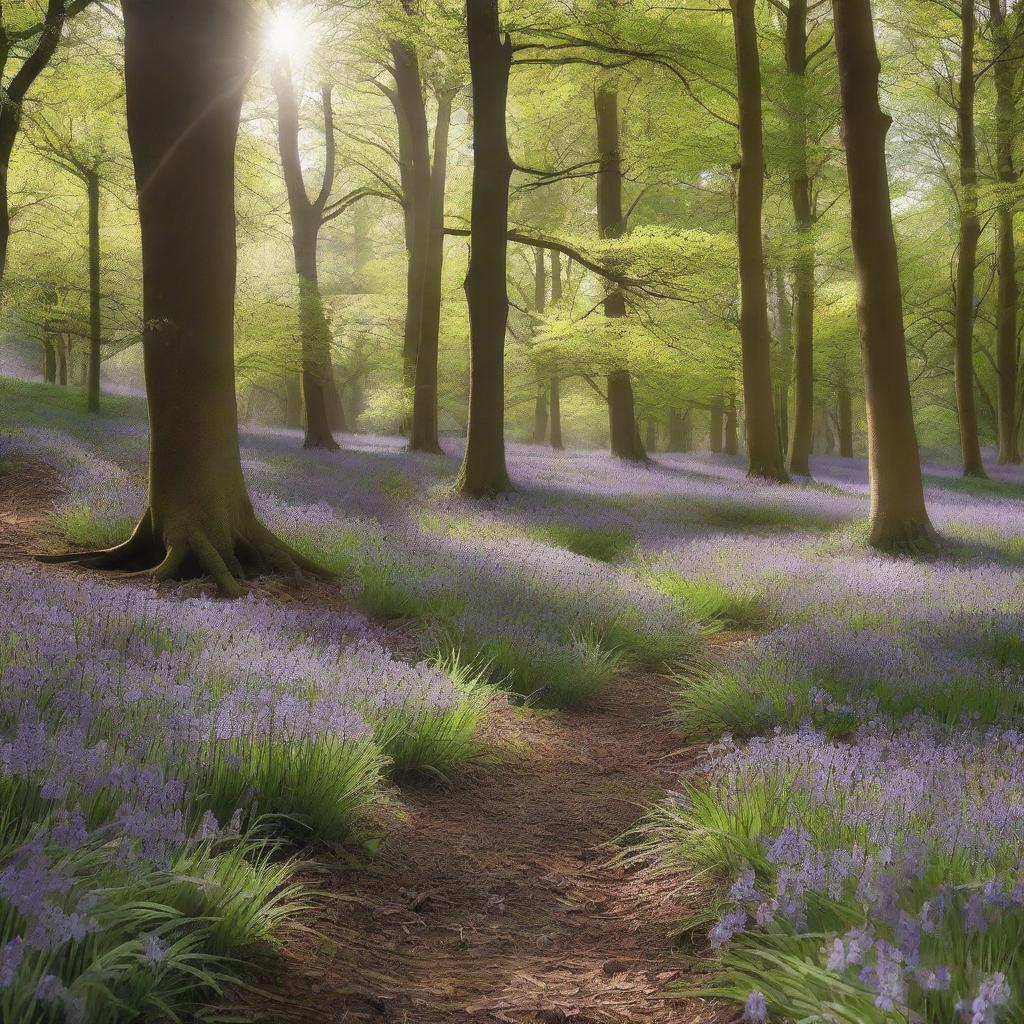 A serene English woodland scene featuring tall oak trees, a carpet of bluebells, and sunlight filtering through the leaves