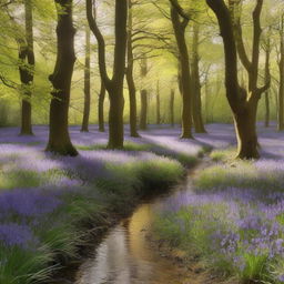 A serene English woodland scene featuring tall oak trees, a carpet of bluebells, and sunlight filtering through the leaves