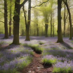 A serene English woodland scene featuring tall oak trees, a carpet of bluebells, and sunlight filtering through the leaves