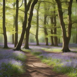 A serene English woodland scene featuring tall oak trees, a carpet of bluebells, and sunlight filtering through the leaves