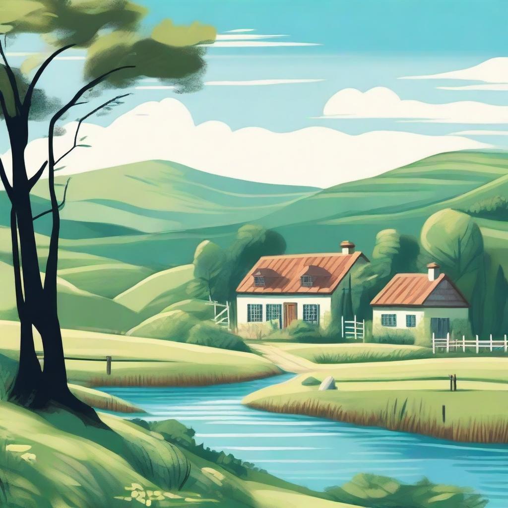 A detailed illustration of a serene and picturesque landscape