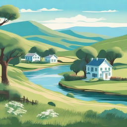 A detailed illustration of a serene and picturesque landscape