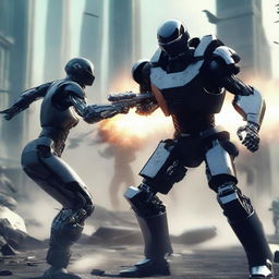 A person dressed in military clothing, wearing black gloves and black sunglasses, wielding a futuristic weapon, and fighting against a robot