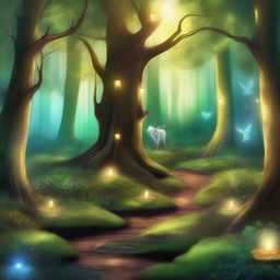 A warm and realistic magical forest with lush greenery, sparkling lights, and mystical creatures