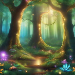 A warm and realistic magical forest with lush greenery, sparkling lights, and mystical creatures