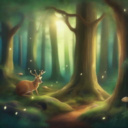 A warm and realistic magical forest with lush greenery, sparkling lights, and mystical creatures