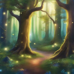 A warm and realistic magical forest with lush greenery, sparkling lights, and mystical creatures