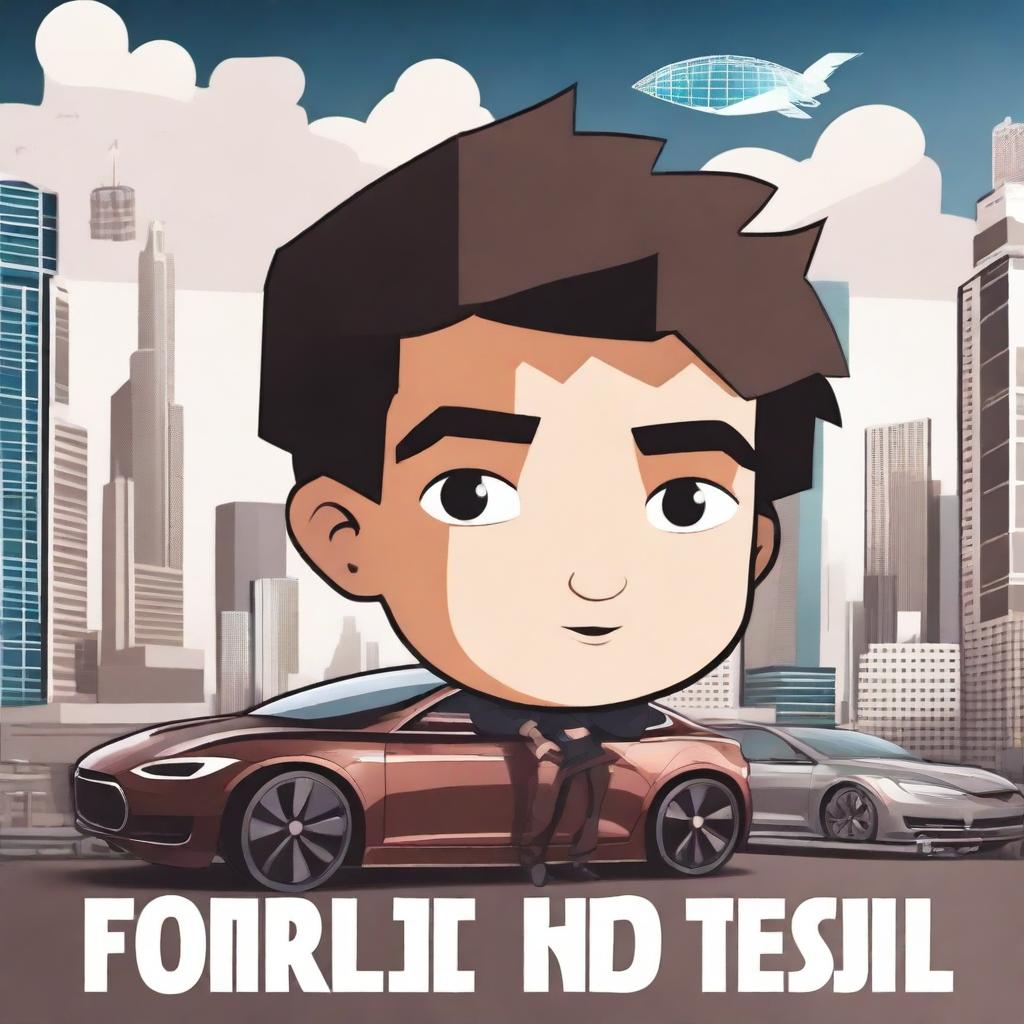 Create a YouTube thumbnail featuring a young boy looking determined, with a futuristic cityscape in the background and Tesla cars flying around