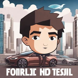 Create a YouTube thumbnail featuring a young boy looking determined, with a futuristic cityscape in the background and Tesla cars flying around