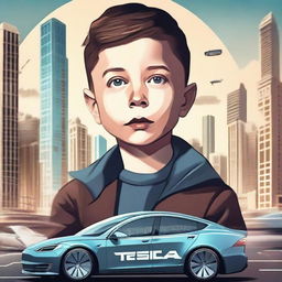 Create a YouTube thumbnail featuring a young boy looking determined, with a futuristic cityscape in the background and Tesla cars flying around