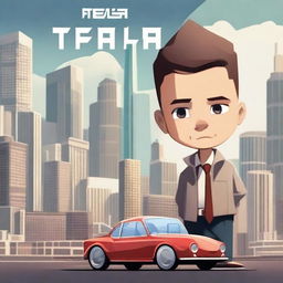 Create a YouTube thumbnail featuring a young boy looking determined, with a futuristic cityscape in the background and Tesla cars flying around