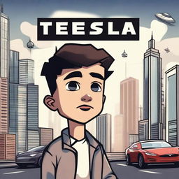 Create a YouTube thumbnail featuring a young boy looking determined, with a futuristic cityscape in the background and Tesla cars flying around