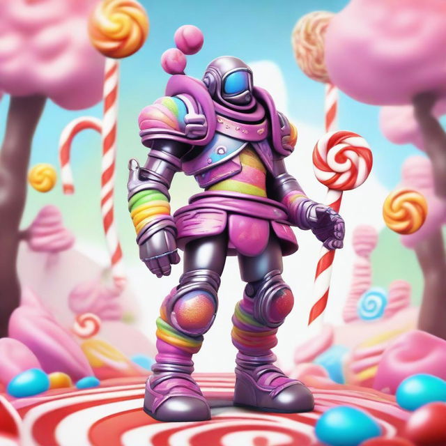 A warforged character intricately designed with candy elements