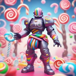 A warforged character intricately designed with candy elements