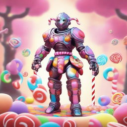 A warforged character intricately designed with candy elements