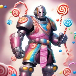 A warforged character intricately designed with candy elements