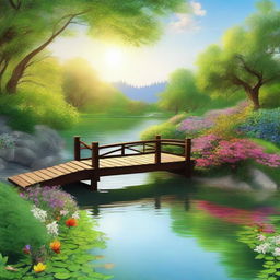 A serene landscape featuring a flowing river with a small wooden bridge, surrounded by lush greenery and colorful flowers