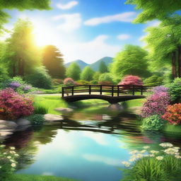 A serene landscape featuring a flowing river with a small wooden bridge, surrounded by lush greenery and colorful flowers