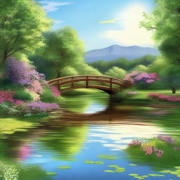 A serene landscape featuring a flowing river with a small wooden bridge, surrounded by lush greenery and colorful flowers