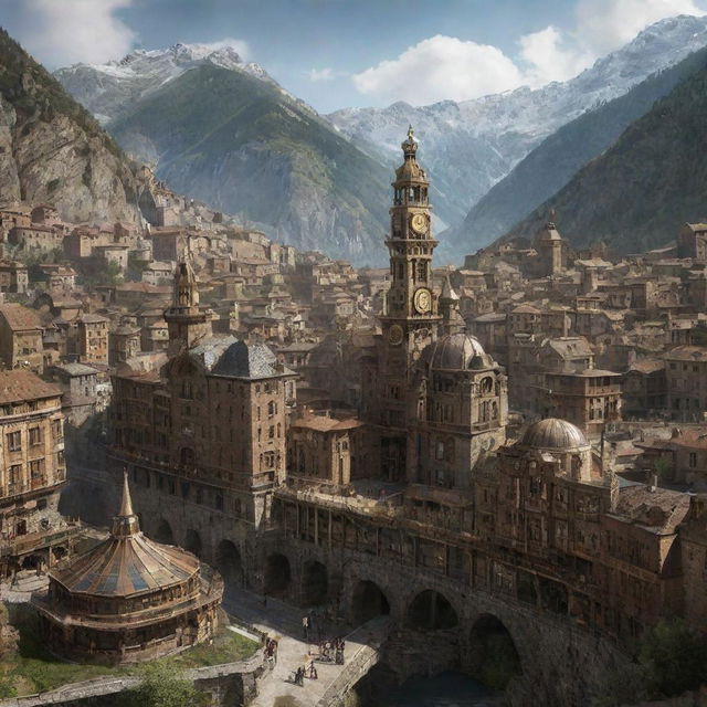 A rendering of Andorra under a steampunk aesthetic: imagine the valleys hosted by intricate mechanical dwellings, ski resorts enhanced by steam technology, and the capital city, Andorra la Vella, pulsing with bronze timepiece architectural structures.