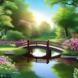 A serene landscape featuring a flowing river with a small wooden bridge, surrounded by lush greenery and colorful flowers