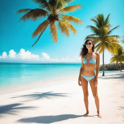 A woman in a stylish bikini stands on a pristine beach with crystal-clear turquoise water in the background