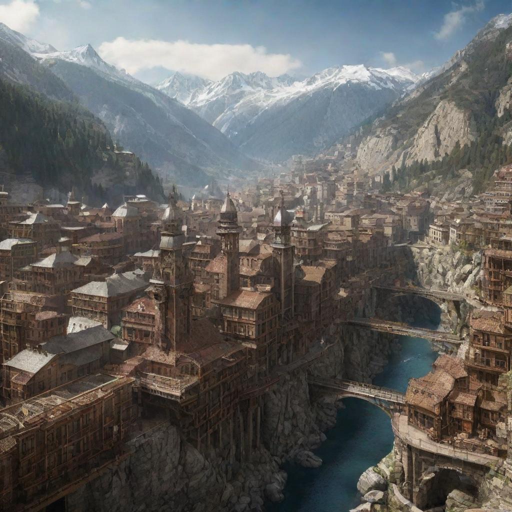 A rendering of Andorra under a steampunk aesthetic: imagine the valleys hosted by intricate mechanical dwellings, ski resorts enhanced by steam technology, and the capital city, Andorra la Vella, pulsing with bronze timepiece architectural structures.