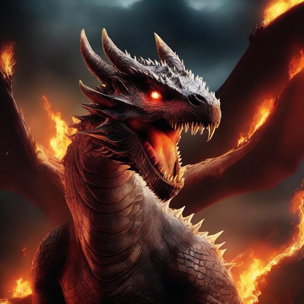 A cinematic movie poster featuring a fire-breathing dragon in a dramatic and epic scene