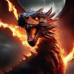 A cinematic movie poster featuring a fire-breathing dragon in a dramatic and epic scene