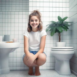 A girl sitting on a toilet in a clean bathroom