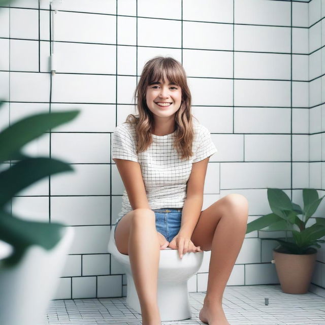 A girl sitting on a toilet in a clean bathroom