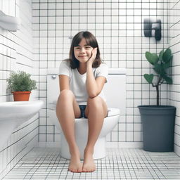 A girl sitting on a toilet in a clean bathroom