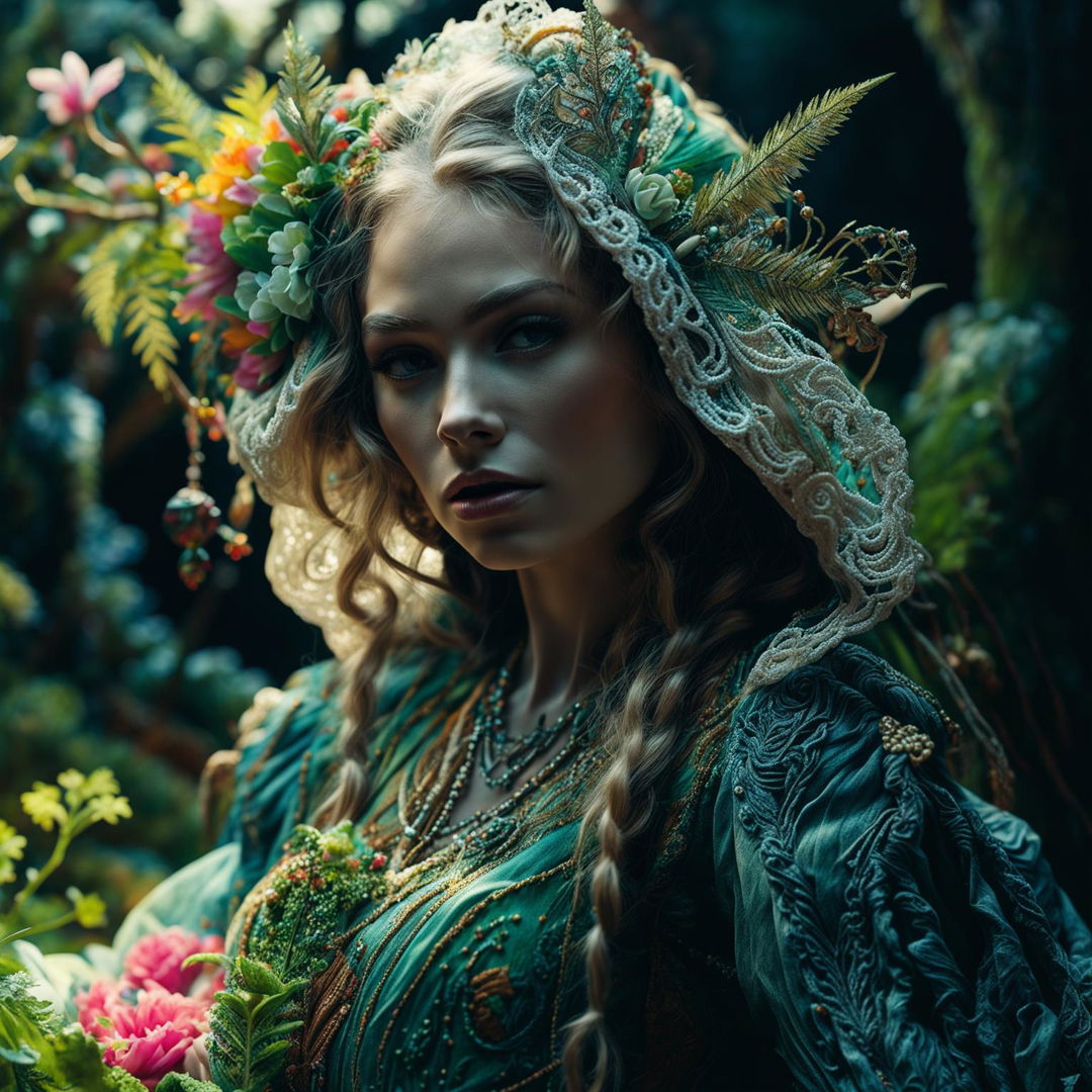 Hyper-realistic 3D rococo photograph of a Russian elf woman in a mystical forest, dressed in a vibrant, detailed gown, surrounded by a vibrant array of flowers. The image is high definition, close-up, and filled with intricate details, exuding fantasy and spirit vibes.