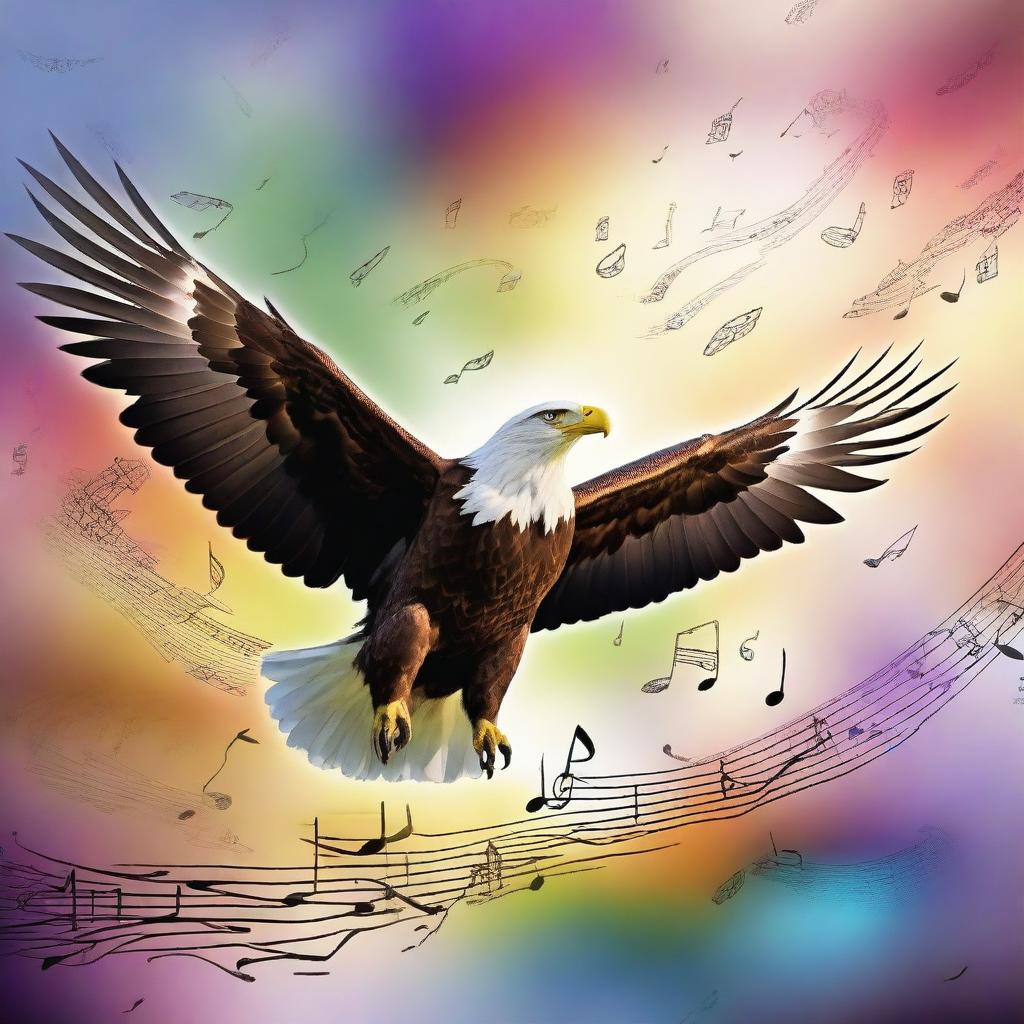 A majestic eagle soaring through the sky with musical notes and instruments surrounding it, creating a harmonious blend of nature and music