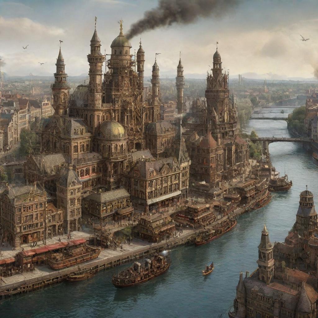 A steampunk-inspired depiction of Germany, presenting Berlin's cityscape interlaid with intricate machinery, the Rhine River bustling with steam-powered boats, and Black Forest unveiled with clockwork-infused wildlife.