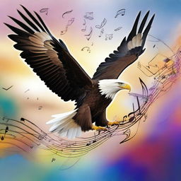 A majestic eagle soaring through the sky with musical notes and instruments surrounding it, creating a harmonious blend of nature and music